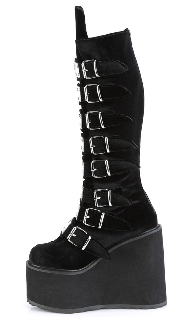 SWING-815 Black Velvet Trinity Platform Knee High Boots-Demonia-Tragic Beautiful