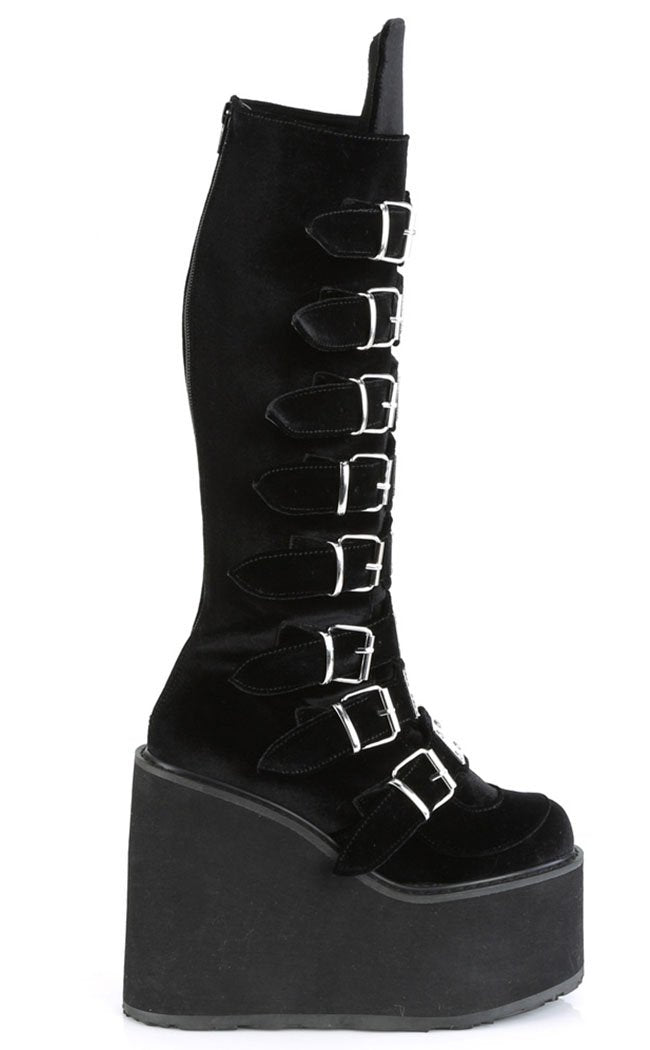 SWING-815 Black Velvet Trinity Platform Knee High Boots-Demonia-Tragic Beautiful