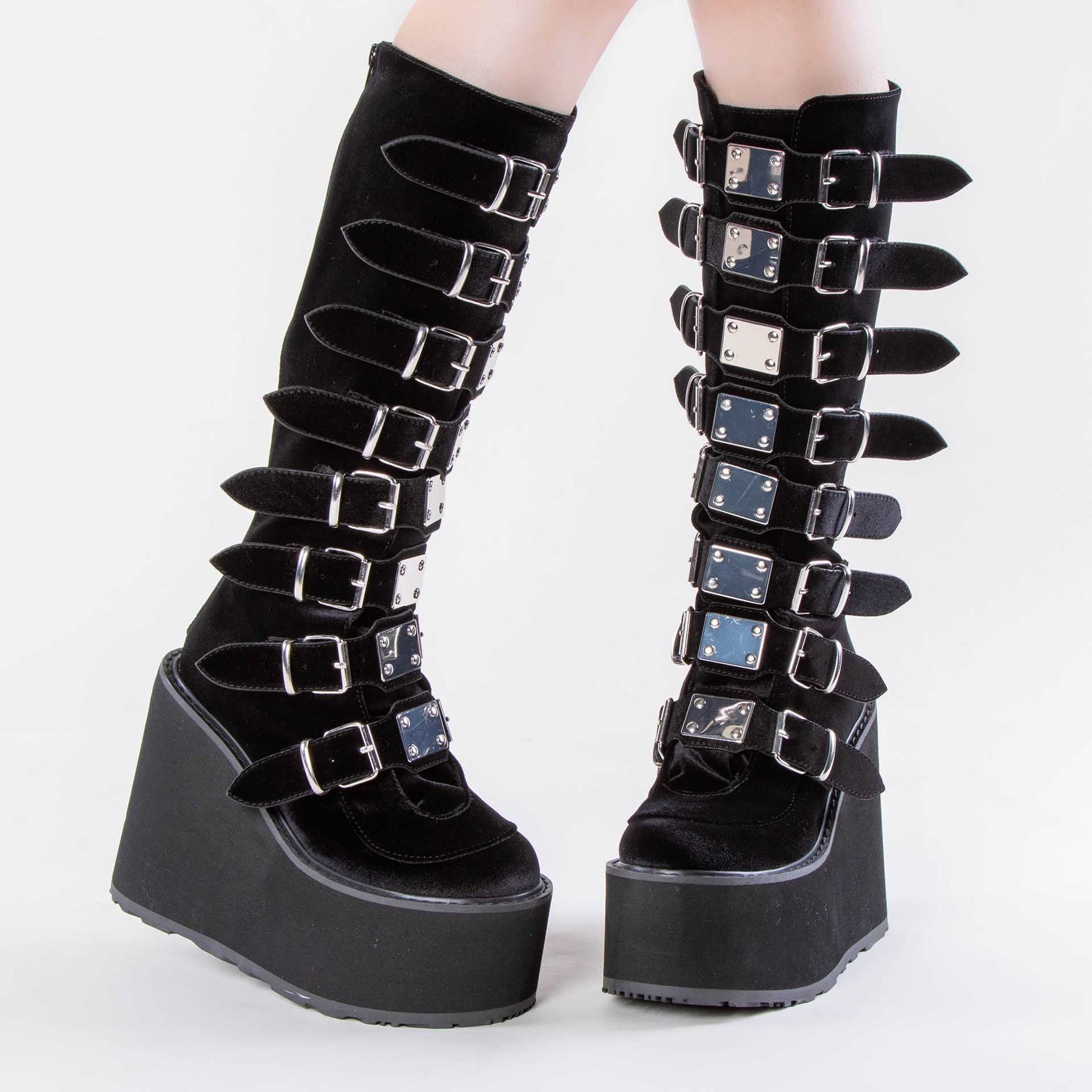 SWING-815 Black Velvet Trinity Platform Knee High Boots (Au Stock)-Demonia-Tragic Beautiful