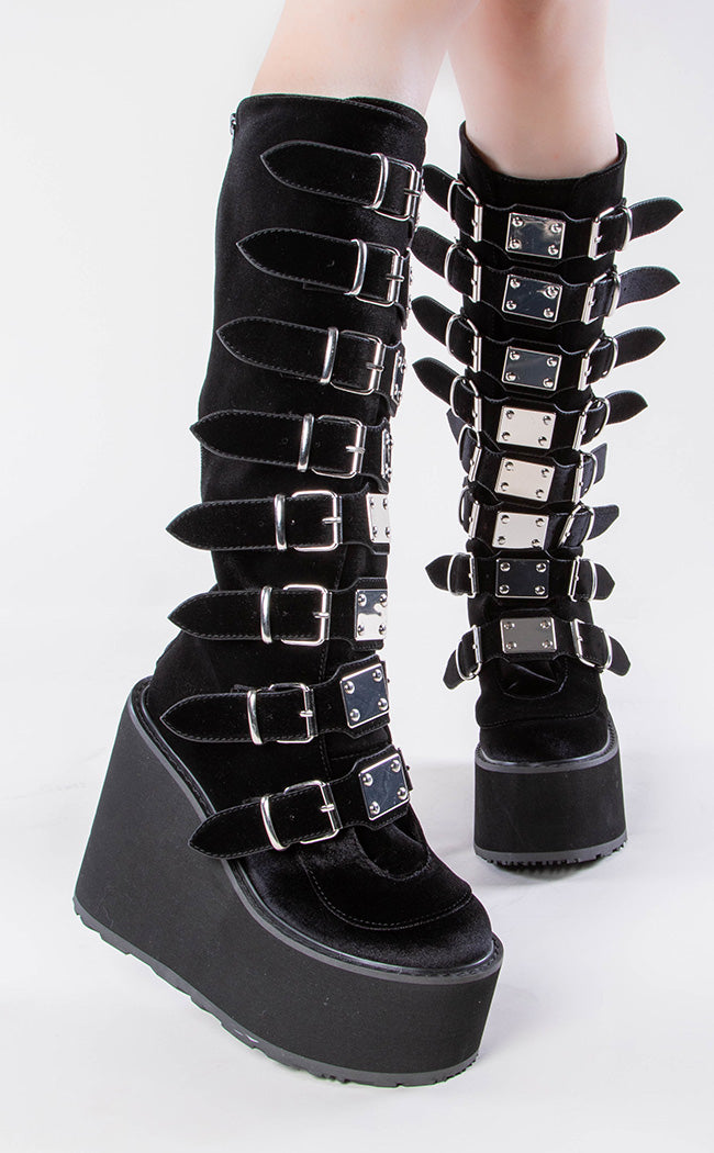 SWING-815 Black Velvet Trinity Platform Knee High Boots-Demonia-Tragic Beautiful