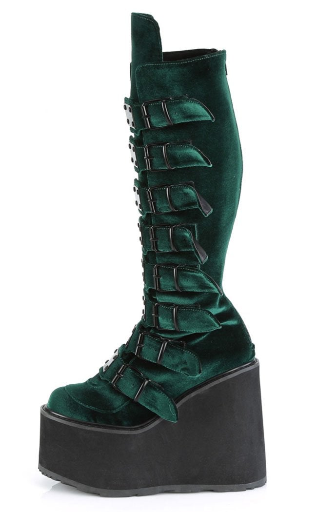 SWING-815 Emerald Velvet Trinity Platform Knee High Boots-Demonia-Tragic Beautiful