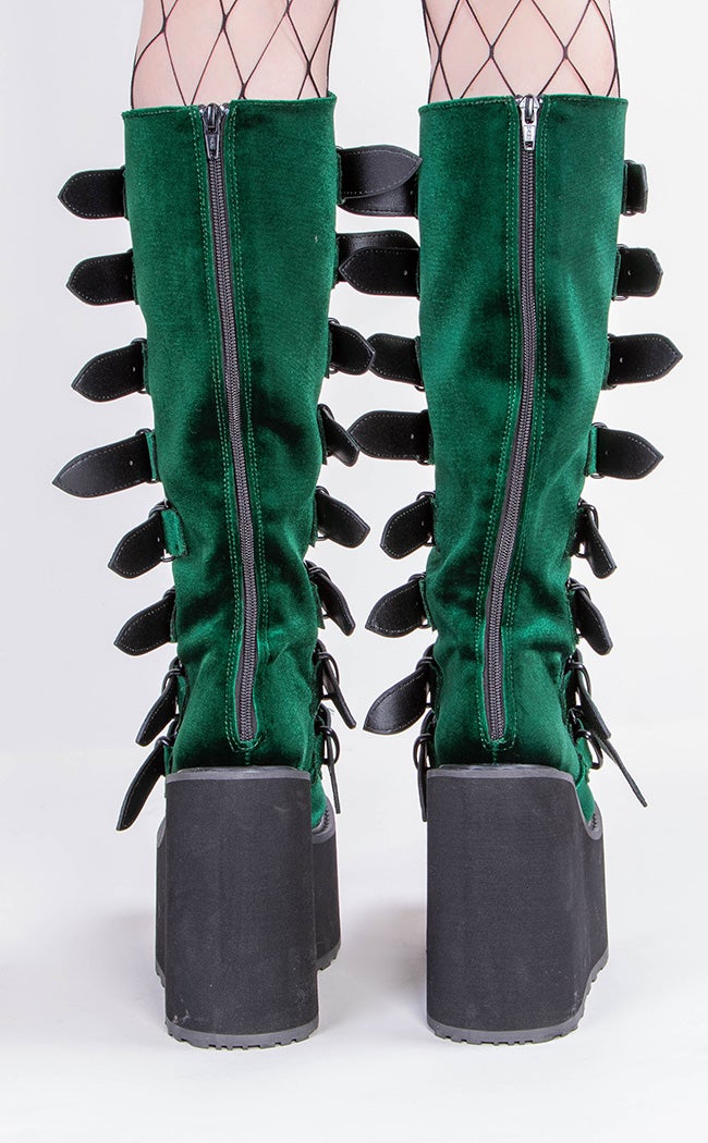 SWING-815 Emerald Velvet Trinity Platform Knee High Boots (Au Stock)-Demonia-Tragic Beautiful