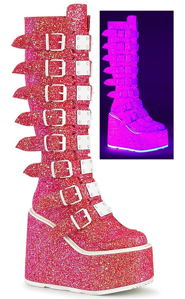 SWING-815 Pink Glitter Trinity Boots-Demonia-Tragic Beautiful