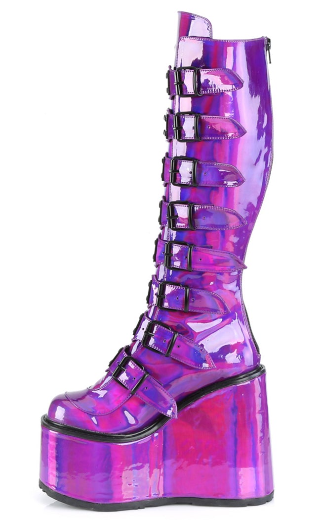 SWING-815 Purple Holo Trinity Platform Knee High Boots-Demonia-Tragic Beautiful