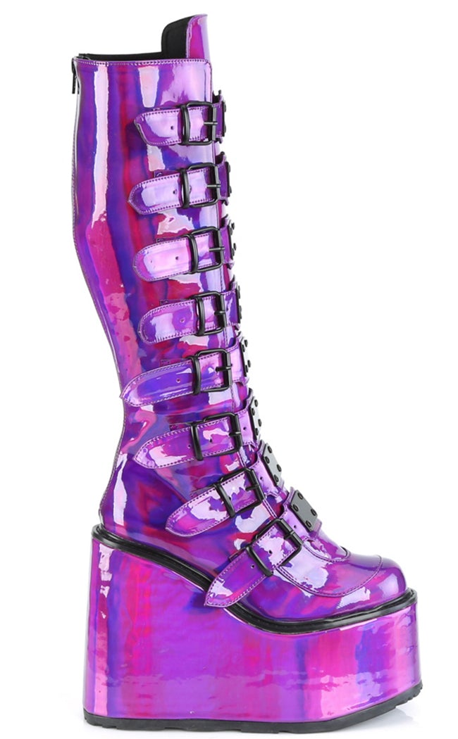 SWING-815 Purple Holo Trinity Platform Knee High Boots-Demonia-Tragic Beautiful