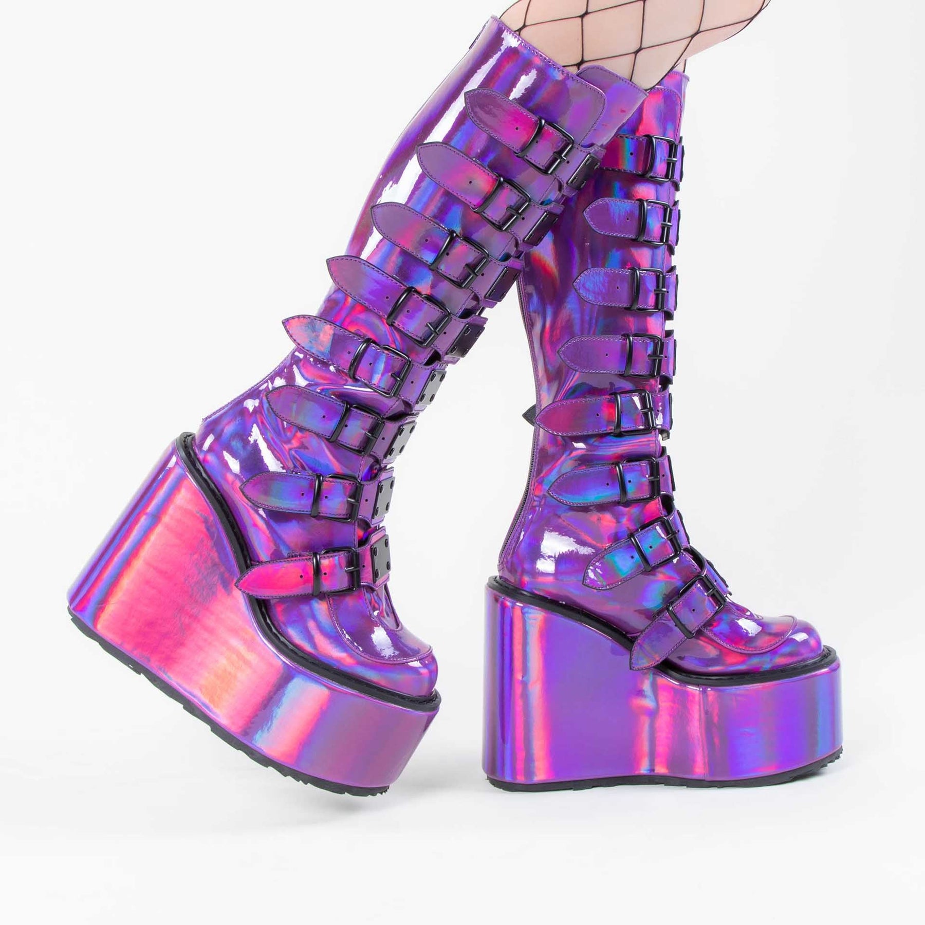 SWING-815 Purple Holo Trinity Platform Knee High Boots (Au Stock)-Demonia-Tragic Beautiful