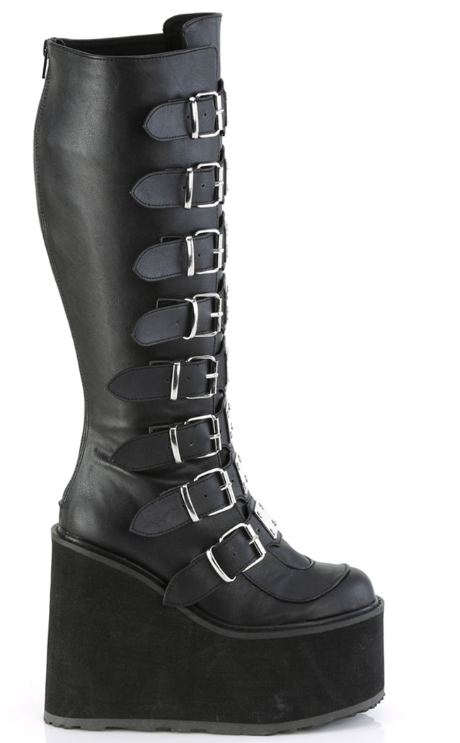 SWING-815WC Black Matte Trinity Knee High Boots | Wide Calf-Demonia-Tragic Beautiful