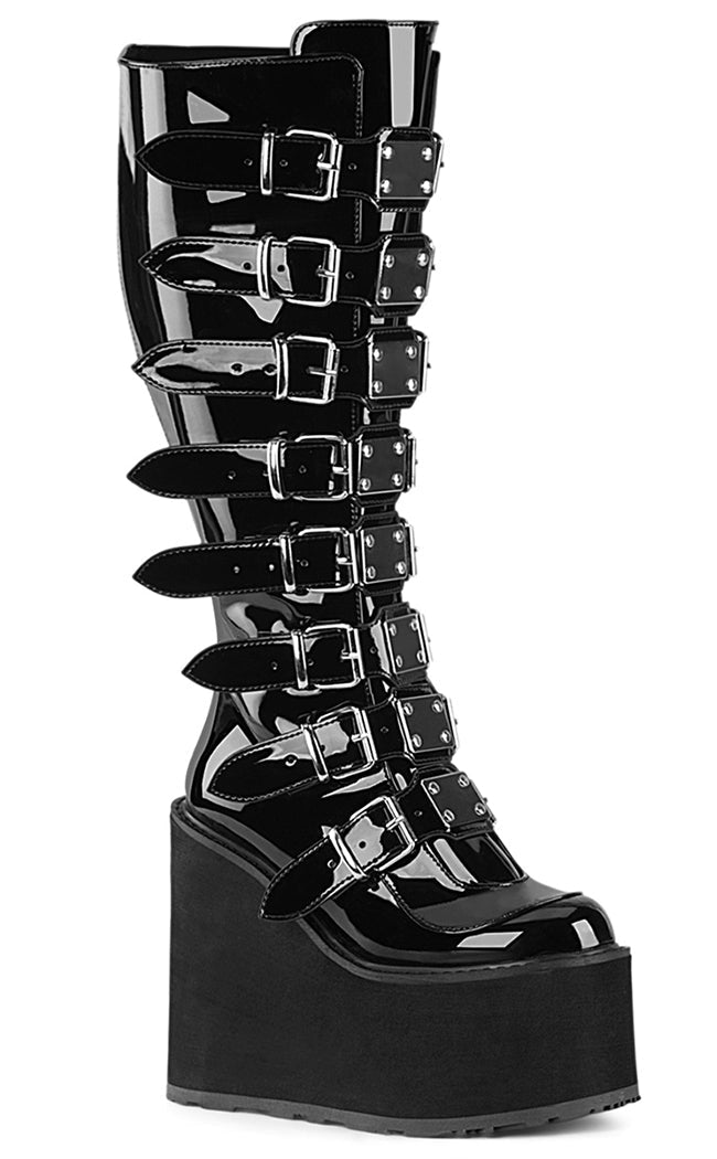 SWING-815WC Black Patent Trinity Knee High Boots | Wide Calf-Demonia-Tragic Beautiful