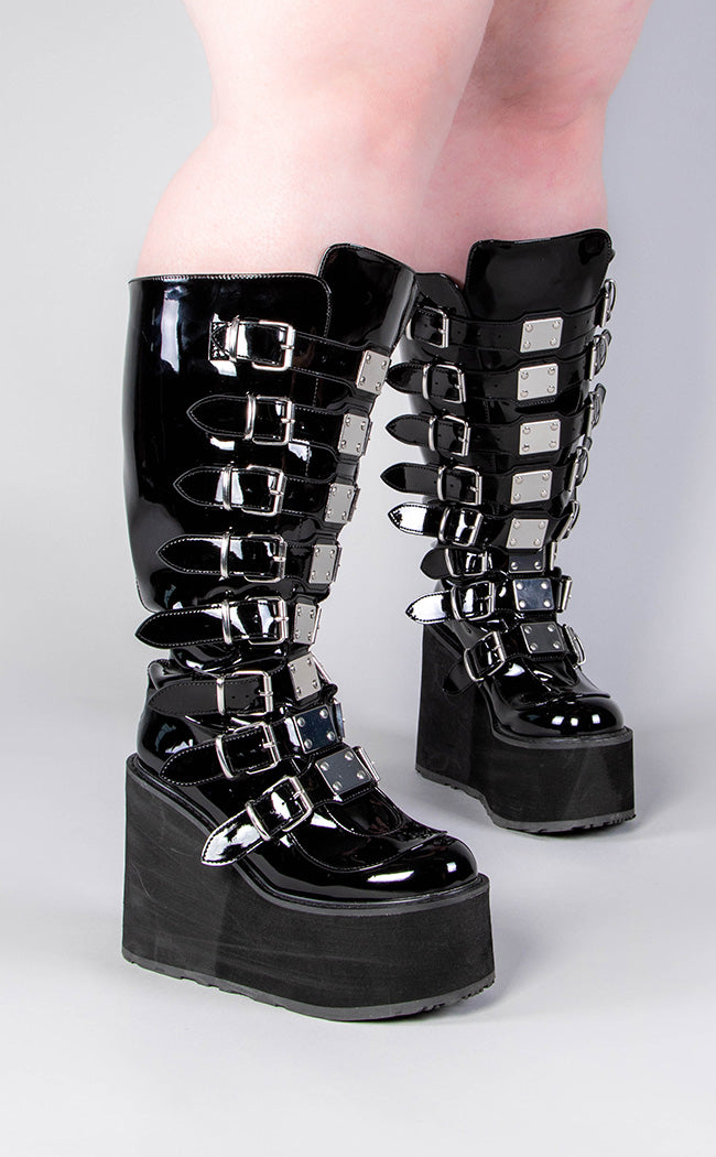 SWING-815WC Black Patent Trinity Knee High Boots | Wide Calf (Au Stock)-Demonia-Tragic Beautiful