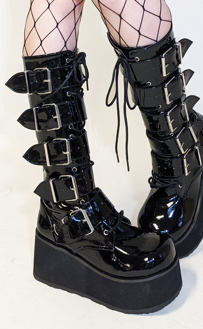 TRASHVILLE-518 Black Patent Boots-Demonia-Tragic Beautiful