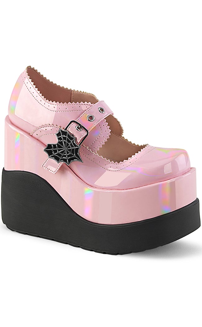 VOID-38 Baby Pink Holo Mary Jane Wedges-Demonia-Tragic Beautiful