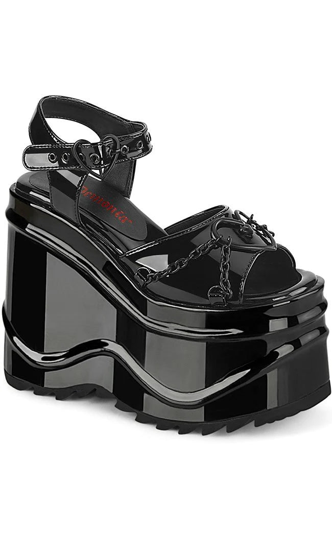 WAVE-09 Black Patent Platform Chained Sandals-Demonia-Tragic Beautiful