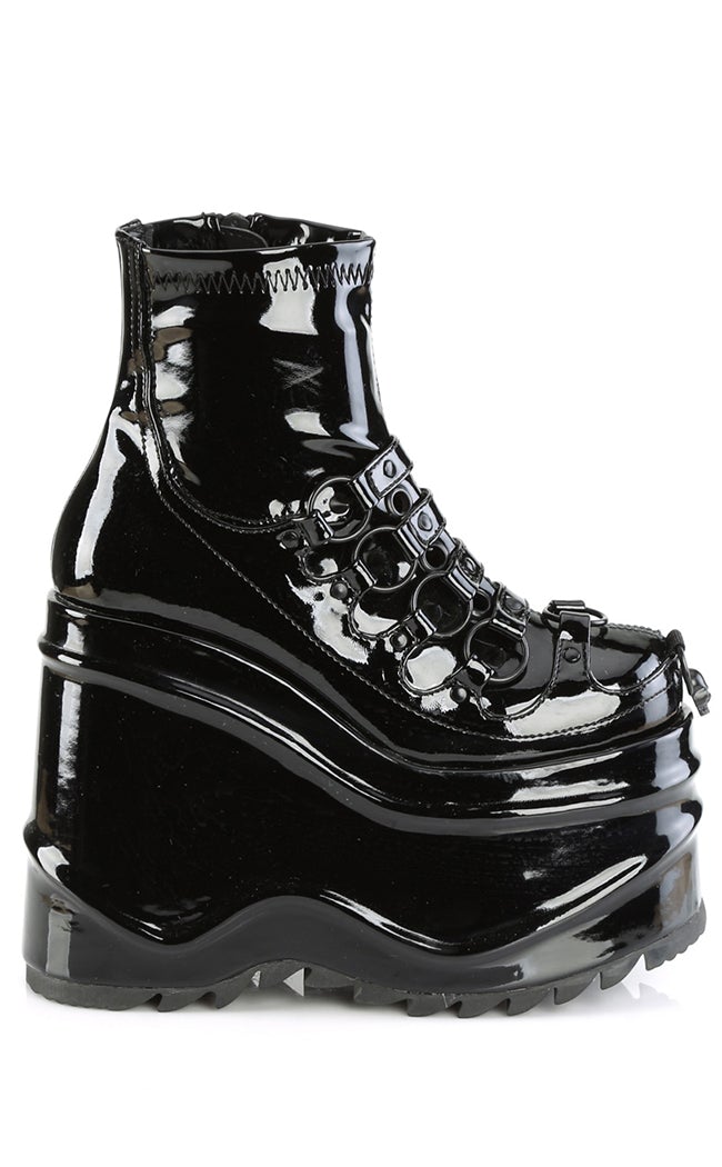 WAVE-110 Black Patent Stretch Ankle Boots-Demonia-Tragic Beautiful