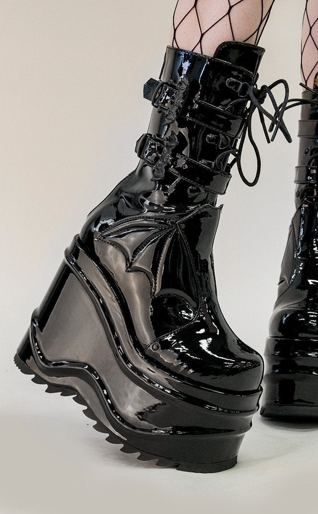 WAVE-150 Platform Batty Wedge Boots | Black Patent-Demonia-Tragic Beautiful