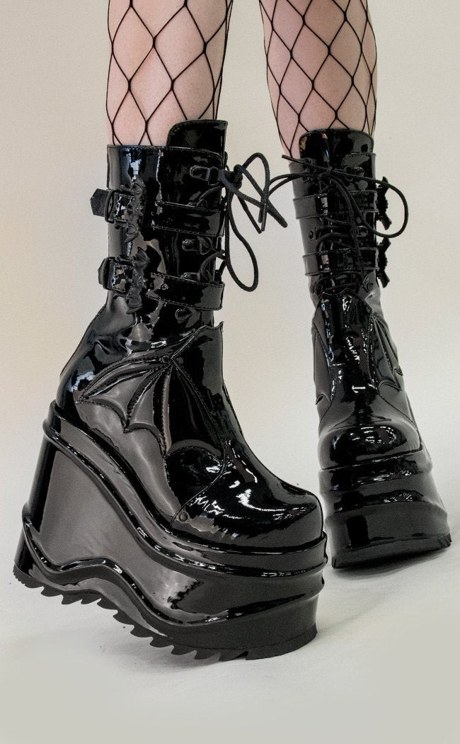 WAVE-150 Platform Batty Wedge Boots | Black Patent-Demonia-Tragic Beautiful