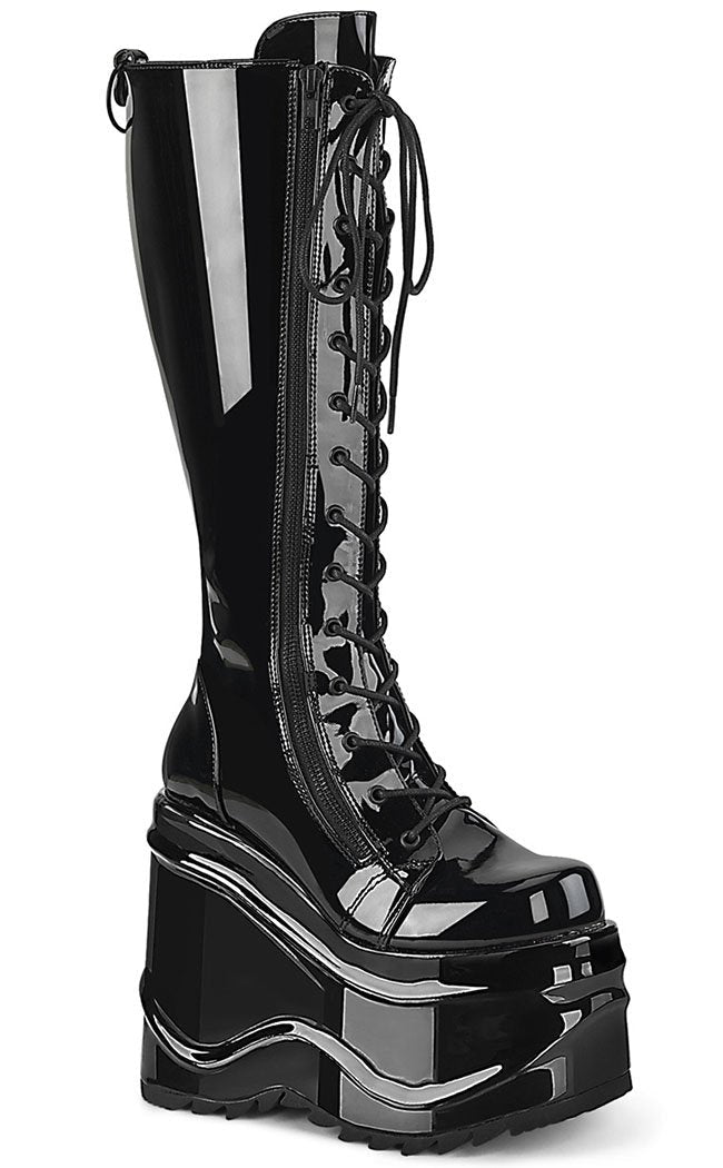 WAVE-200 Platform Knee High Wedge Boots | Black Patent-Demonia-Tragic Beautiful