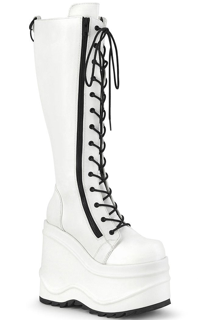 Demonia WAVE-200 White Vegan Knee High Boots Gothic Shoes Australia