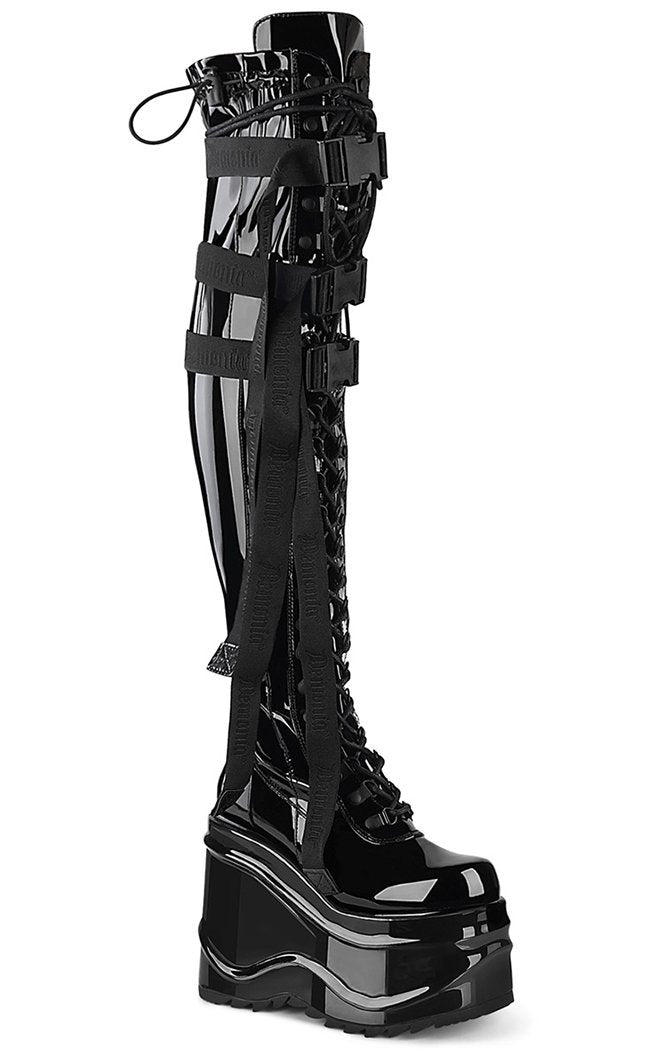 WAVE-315 Thigh High Platform Wedge Boots | Black Patent-Demonia-Tragic Beautiful