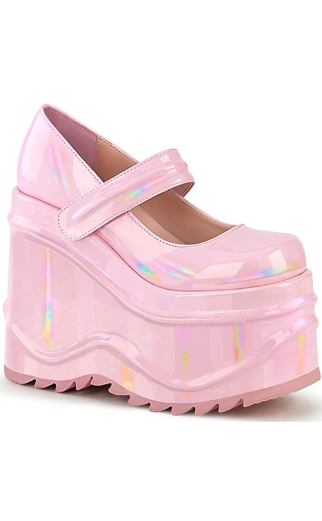 WAVE-32 Platform Wedge Mary Janes | Baby Pink Holo-Demonia-Tragic Beautiful