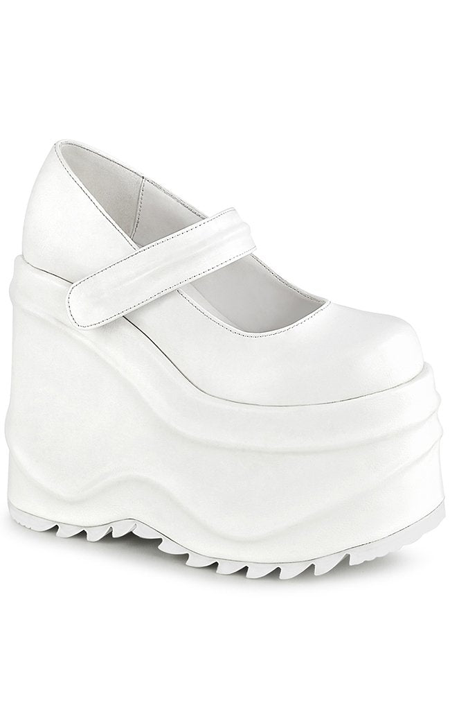 WAVE-32 Platform Wedge Mary Janes | White Matte-Demonia-Tragic Beautiful
