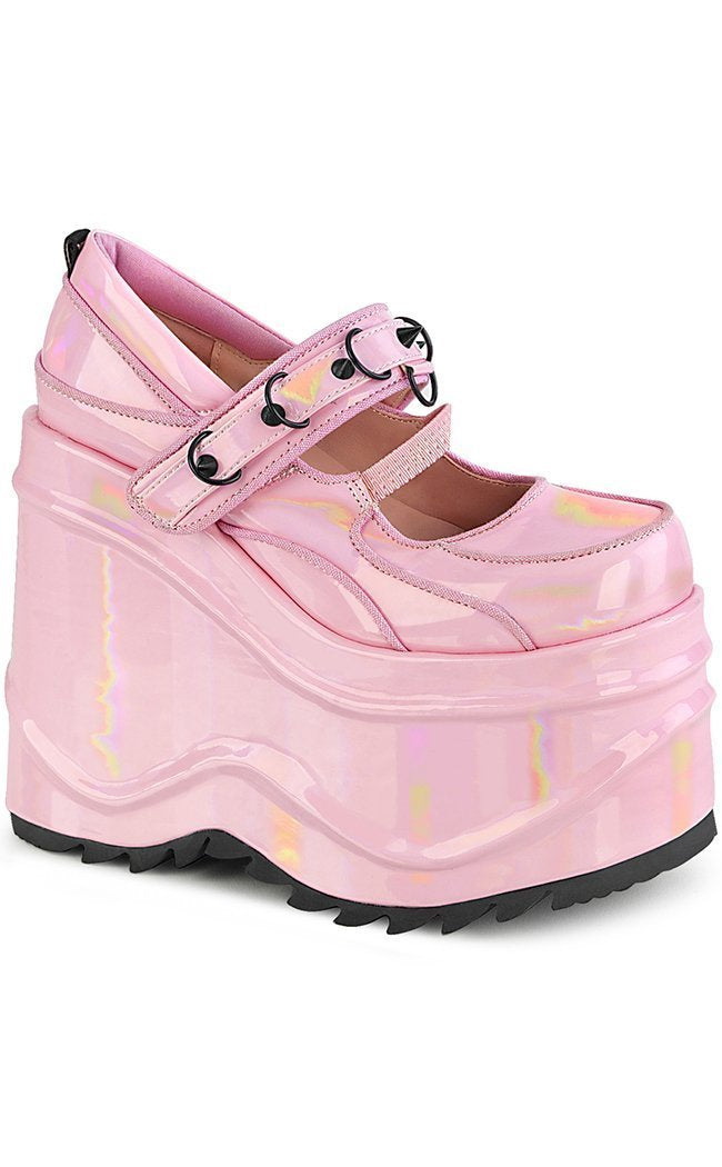 WAVE-48 Platform Wedge Mary Janes | Holo Baby Pink-Demonia-Tragic Beautiful