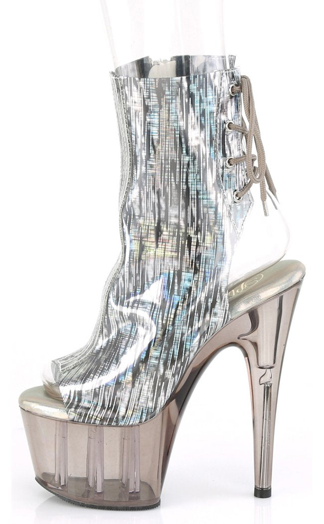 ADORE-1018HCT Silver Hologram/Smoke Tinted Ankle Boots-Pleaser-Tragic Beautiful