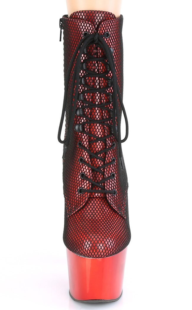 ADORE-1020 Red Holo Fishnet Ankle Boots-Pleaser-Tragic Beautiful
