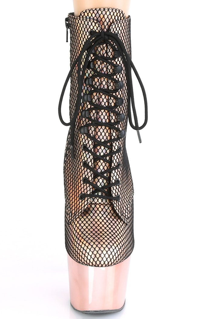 ADORE-1020 Rose Gold Holo Fishnet Ankle Boots-Pleaser-Tragic Beautiful