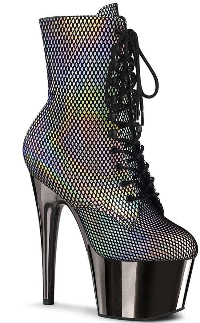 ADORE-1020 Silver & Pewter Holo Fishnet Ankle Boots-Pleaser-Tragic Beautiful