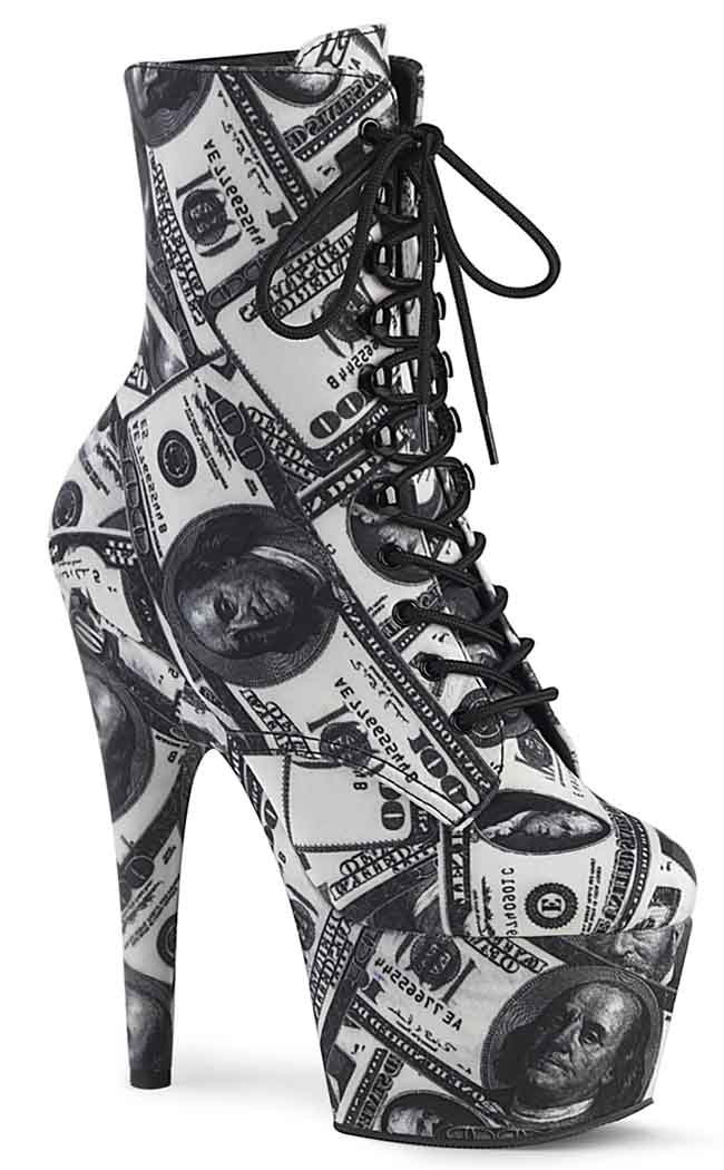 ADORE-1020 White/Black Money Print Ankle Boots-Pleaser-Tragic Beautiful