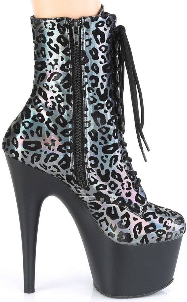 ADORE-1020 Pewter Holo Leopard Print Ankle Boots-Pleaser-Tragic Beautiful