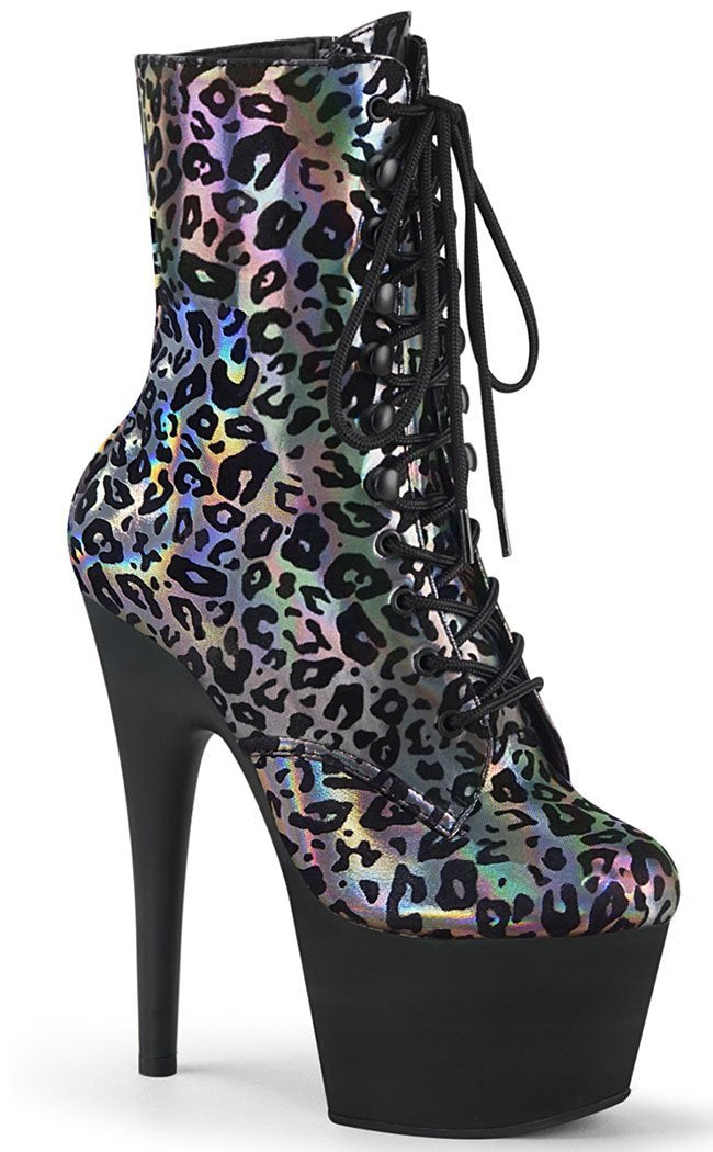 ADORE-1020 Pewter Holo Leopard Print Ankle Boots-Pleaser-Tragic Beautiful