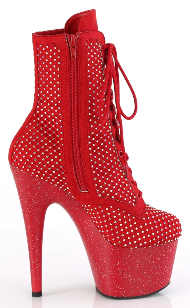 ADORE-1020 Faux Red Suede Mesh Rhinestone Lace-Up Front Ankle Boots