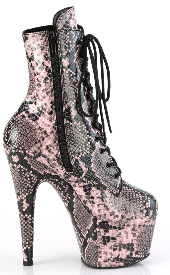 ADORE-1020SPWR Baby Pink Snake Print Ankle Boots-Pleaser-Tragic Beautiful