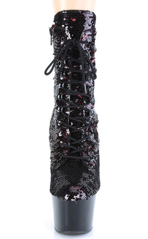 ADORE-1020SQ Black/Red Flip Sequin Boots-Pleaser-Tragic Beautiful