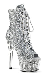 ADORE-1021G Silver Glitter Open Toe Ankle Boots-Pleaser-Tragic Beautiful
