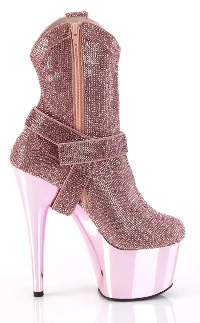 ADORE-1029CHRS Baby Pink Rhinestone Cowboy Ankle Boots-Pleaser-Tragic Beautiful