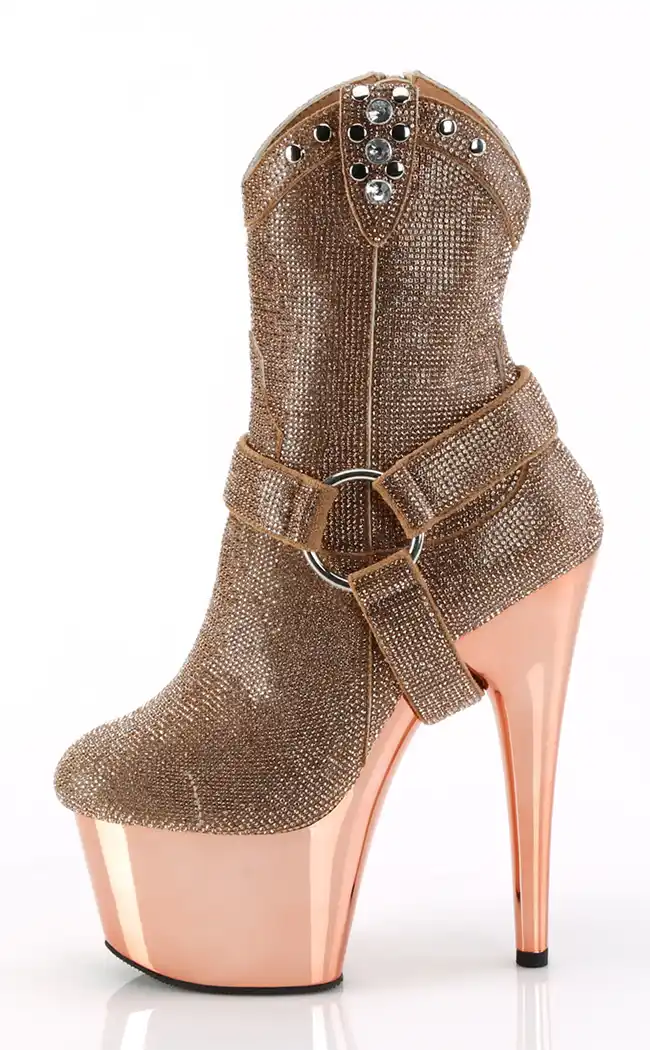ADORE-1029CHRS Rose Gold Rhinestone Cowboy Ankle Boots-Pleaser-Tragic Beautiful