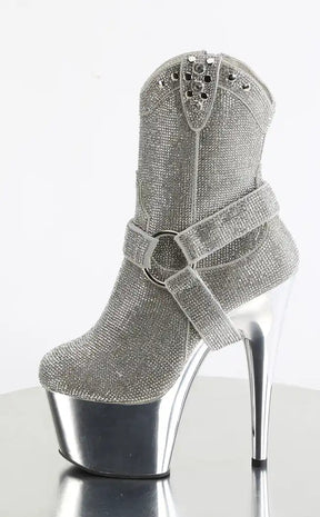 ADORE-1029CHRS Silver Rhinestone Cowboy Ankle Boot Heels-Pleaser-Tragic Beautiful