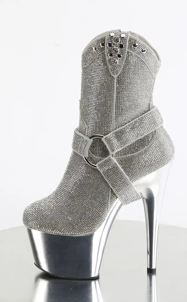 ADORE-1029CHRS Silver Rhinestone Cowboy Ankle Boot Heels-Pleaser-Tragic Beautiful