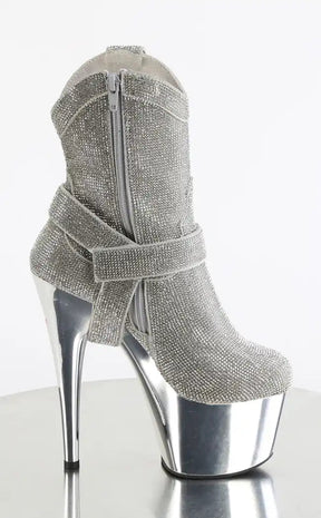 ADORE-1029CHRS Silver Rhinestone Cowboy Ankle Boot Heels-Pleaser-Tragic Beautiful
