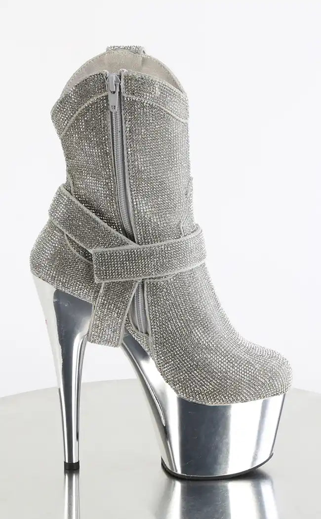 ADORE-1029CHRS Silver Rhinestone Cowboy Ankle Boot Heels-Pleaser-Tragic Beautiful