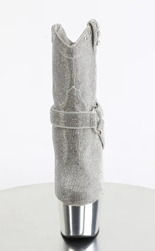 ADORE-1029CHRS Silver Rhinestone Cowboy Ankle Boot Heels-Pleaser-Tragic Beautiful