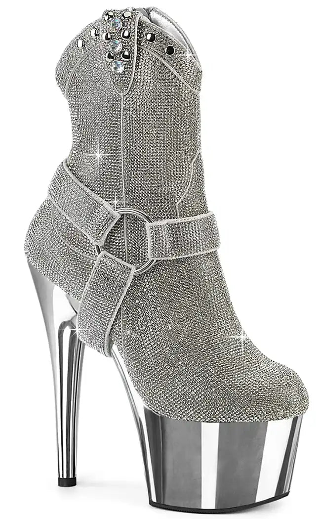 ADORE-1029CHRS Silver Rhinestone Cowboy Ankle Boot Heels-Pleaser-Tragic Beautiful
