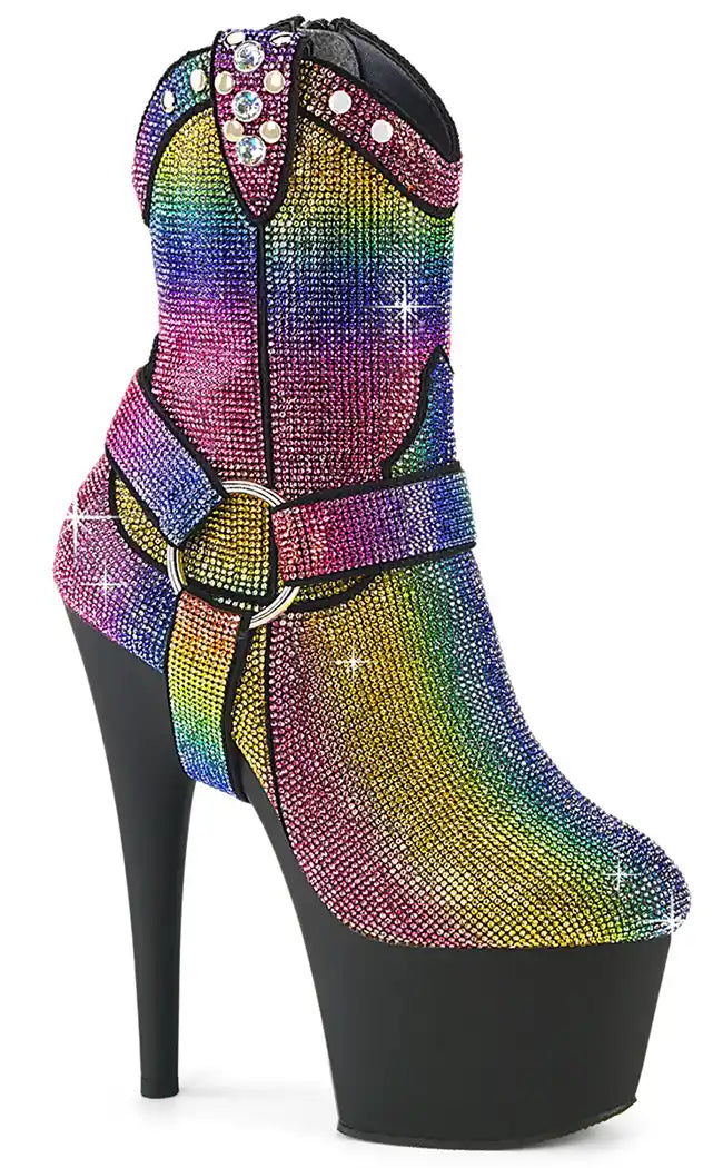 ADORE-1029RS Rainbow Rhinestone Cowboy Ankle Boots-Pleaser-Tragic Beautiful