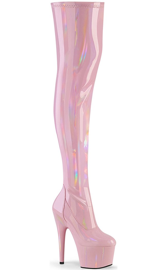 ADORE-3000HWR Baby Pink Hologram Thigh High Boots-Pleaser-Tragic Beautiful