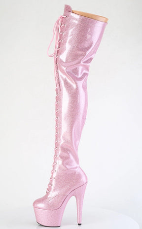 ADORE-3020GP Baby Pink Glitter Patent Thigh High Boots-Pleaser-Tragic Beautiful