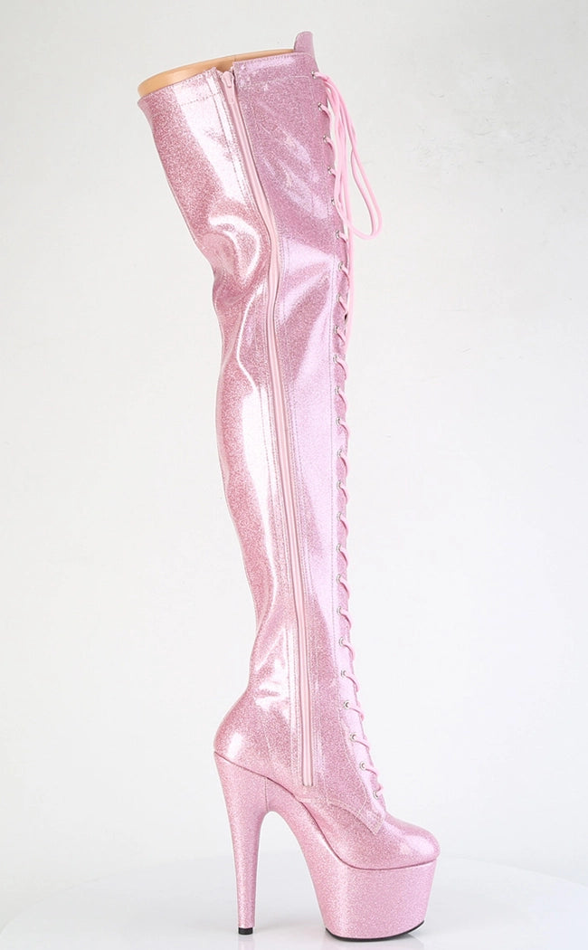 ADORE-3020 Baby Pink Glitter Patent Lace-Up Thigh High Boots