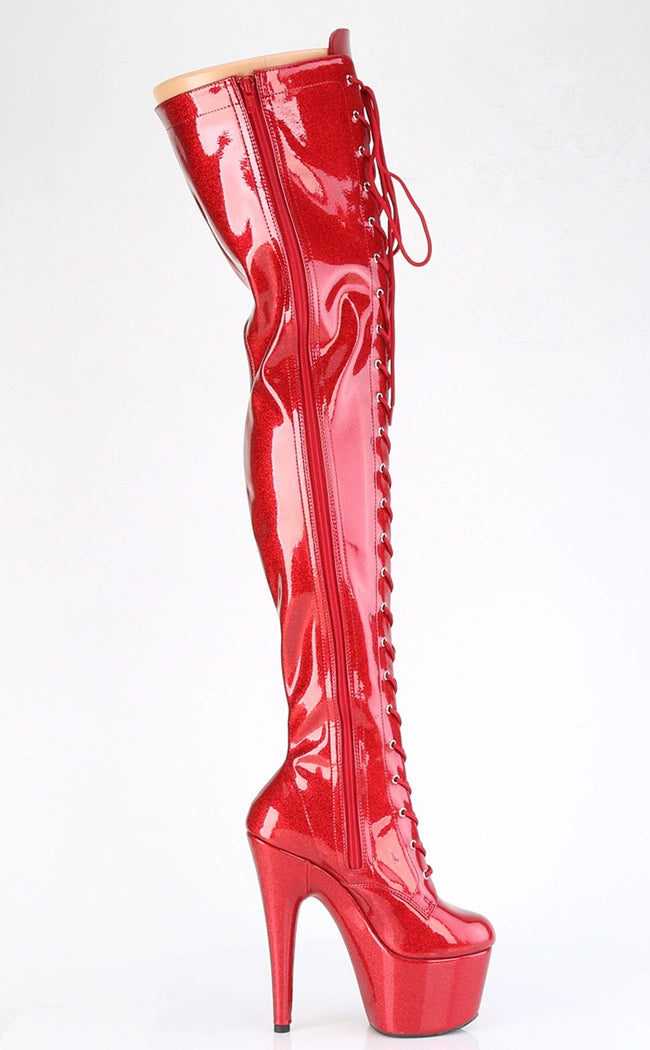 ADORE-3020 Red Glitter Patent Lace-Up Thigh High Boots