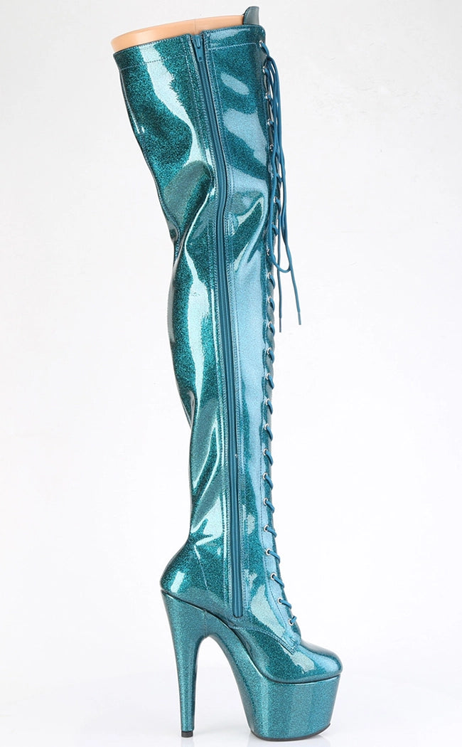 ADORE-3020GP Teal Glitter Patent Thigh High Boots